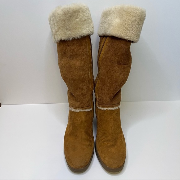 UGG Women's Sandra S/N 5449 Tan Leather Shearling Tall Wedge Boots Size 8 - Picture 2 of 16